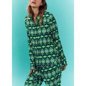 Zara Top Womens Medium Green Artsy Geometric Button Up Crinkle Gauze Boho Retro